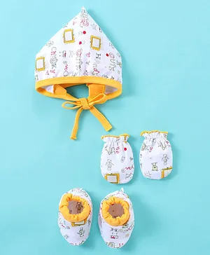 Child World Interlock Cotton Knit Cap Mittens & Booties Teddy Print Yellow - Cap Diameter 10.5 cm