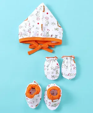 Child World Interlock Cotton Knit Cap Mittens & Booties Teddy Print Orange - Cap Diameter 10.5 cm