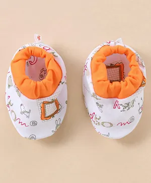Child World  Cotton Teddy Bear Printed Interlock Booties - Orange