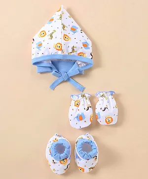 Child World Interlock Cotton Knit Cap Mittens & Booties Lion Print Blue - Cap Diameter 10.5 cm