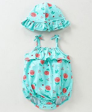 Babyhug 100% Cotton  Sleeveless Onesie with Cap Floral Print - Blue