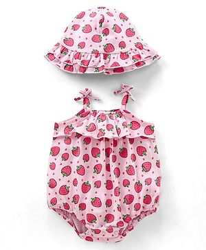 Babyhug Singlet Sleeves 100% Cotton Onesie with Strawberry Print and Cap - Pink