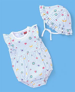 Babyhug 100% Cotton Sleeveless Striped Onesie with Cap Fruits Print - White & Blue