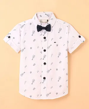 Polka Tots Half Sleeves Boat Print Shirt With Attached Bow Tie