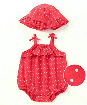 Babyhug Singlet Sleeves 100% Cotton Onesie with Dot Print and Cap - Red