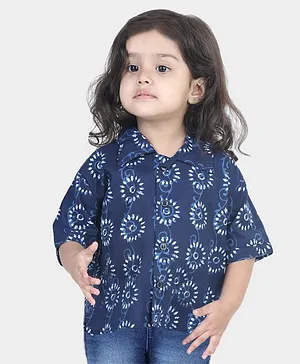 BownBee 100% Pure Cotton Half Sleeves Seamless Swirl Designed & Jaipuri Motif Printed Indo Western Shirt - Indigo