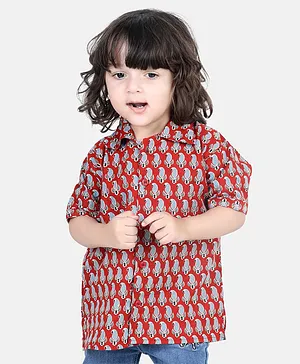 BownBee 100% Pure Cotton Half Sleeves Seamless Jaipuri Paisley Motif  Printed Indo Western Shirt - Red