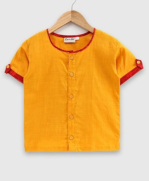 BownBee 100% Pure Cotton Half Sleeves Distinct Line Designed Indo Western Front Open Shirt Style Kurta - Yellow