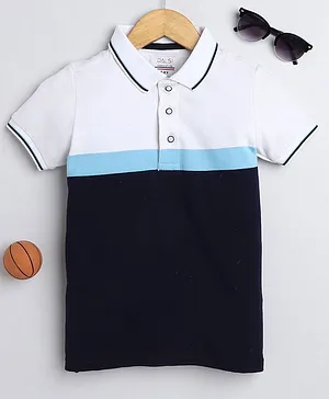 DALSI Half Sleeves Pique Striped Colour Blocked Polo Tee - White Blue