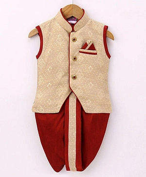 Ridokidz Sleeveless Flower Motif & Polka Dot Woven Design Detailed Kurta With Coordinating Lace Embellished Dhoti - Brown & Red