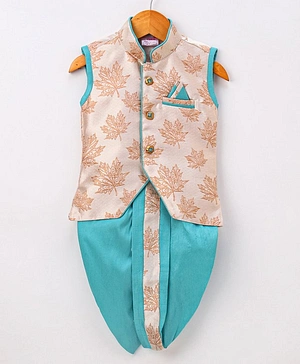 Ridokidz Sleeveless Chevron Designed & All Over Autumn Leaves Detailed Kurta With Coordinating Lace Embellished Dhoti - Blue