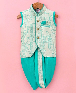 Ridokidz Sleeveless All Over Vintage Floral Leaf Swirl Embroidered Kurta With Coordinating Lace Embellished Dhoti - Sea Green