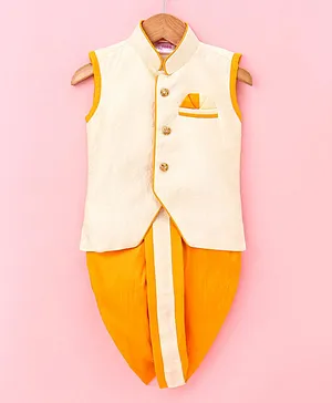 Ridokidz Sleeveless All Over Vintage Floral Leaf Swirl & Flower Strands Embroidered Kurta With Coordinating Lace Embellished Dhoti - Cream & Yellow