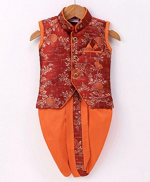 Ridokidz Sleeveless Forest Night Flowers & Leaf Swirl Design Detailed Kurta With Coordinating Lace Embellished Dhoti - Maroon