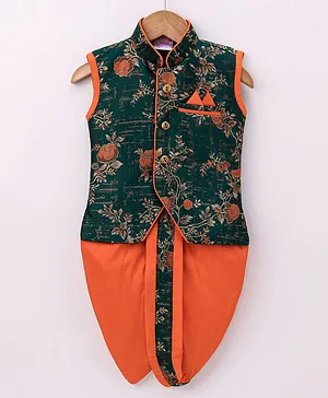 Ridokidz Sleeveless Forest Night Flowers & Leaf Swirl Design Detailed Kurta With Coordinating Lace Embellished Dhoti - Dark Green