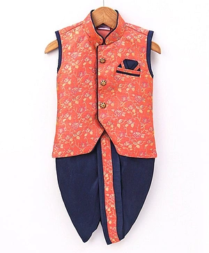 Ridokidz Sleeveless All Over Roses & Leaf Design Detailed Kurta WIth Coordinating Lace Embellished Dhoti - Dark Pink & Blue