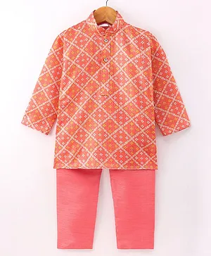 Ridokidz Full Sleeves Bandhej Block Designed & Striped Thread Work Detailed Kurta With Pyjama - Orange