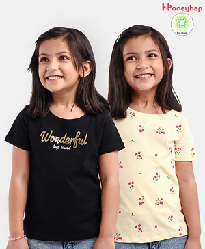 Honeyhap Premium  100% Cotton Half Sleeves Bio Washed Floral & Text Print T-Shirt Pack of 2 - Black & Transparent Yellow
