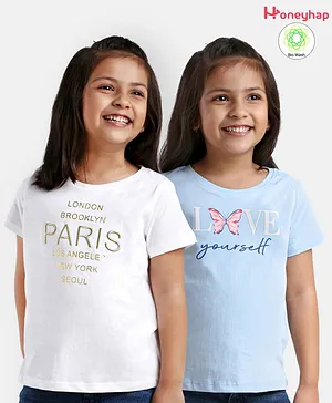 Honeyhap Premium  100% Cotton Half Sleeves Bio Washed Text Print T-Shirt Pack of 2 - Nantucket & Bright White