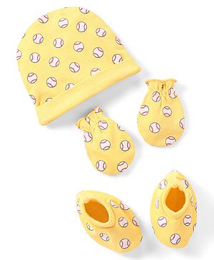 Babyhug 100% Cotton Knit Cap Mittens & Booties Set Balls Print Yellow - Diameter 10.5 cm