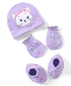 Babyhug 100% Cotton Knit Cap Mittens & Booties Set Kitty Print Purple - Diameter 9 cm