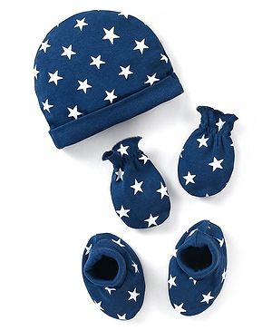 Babyhug 100% Cotton Cap Mittens And Booties Star Print Navy Blue -  Diameter 10.5 cm