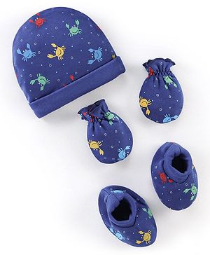 Babyhug 100% Cotton Cap Mittens & Booties Crab Print Navy Blue-Diameter 11.5 cm
