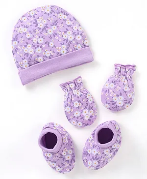 Babyhug 100% Cotton Floral Print Cap Mittens & Booties Set - Purple