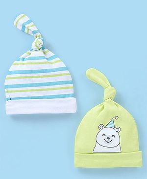 Babyhug 100% Cotton Cap Teddy & Stripes Print White & Green - Diameter 10.5 cm