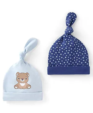 Babyhug 100% Cotton Knit Caps Bear & Star Print Pack of 2 Blue - Cap Diameter 9.5 cm