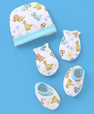 Babyhug 100% Cotton Cap Mittens & Booties Set Dinosaur Print - Blue