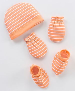 Babyhug 100% Cotton Knit Striped Cap Mittens & Booties Set - Orange