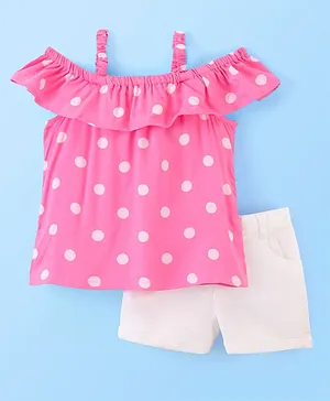 Babyhug 100% Rayon Polka Dot Print Top with Twill Lycra Shorts - Pink & White