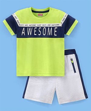 Babyhug Cotton Knit Half Sleeves T-Shirt & Shorts Set Text Print - Green & White Melange