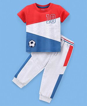 Babyhug Cotton Knit Half Sleeves T-Shirt & Lounge Pants Set Colour Block - Red Blue & White