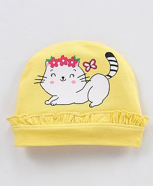 Babyhug Cotton Elastane Cap Kitty Print - Yellow