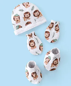 Babyhug 100% Cotton Knit Cap Mittens & Booties Set Cartoon Lion Print - White