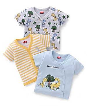 Babyhug 100% Cotton Front Open Dino Print Vests Pack of 3 - White Blue & Yellow