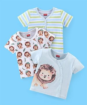 Babyhug 100% Cotton Knit Half Sleeves Front Open Jhablas Stripes & Lion Print Pack of 3 - Multicolour