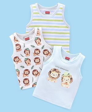 Babyhug 100% Cotton Sandos Stripes & Lion Print Pack of 3 - Blue Grey & Green