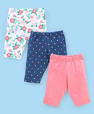 Babyhug Cotton Lycra Three Fourth Length Leggings Polka Dots & Floral Print Pack of 3- Pink & Blue