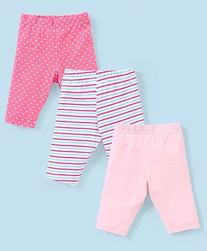 Babyhug Cotton Lycra Three Fourth Length Leggings Stripes & Heart Print Pack of 3- Pink & Blue