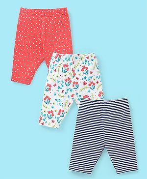 Babyhug Three Fourth Length Lycra Leggings Floral Print Pack of 3 - Red & Blue