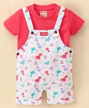 WOW Clothes Half Sleeves T-Shirt & Dungarees Set Dino Print - Red