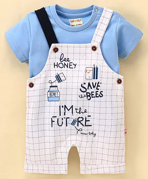WOW Clothes Cotton Knit Half Sleeves T-Shirt & Dungarees Set Checks - Blue