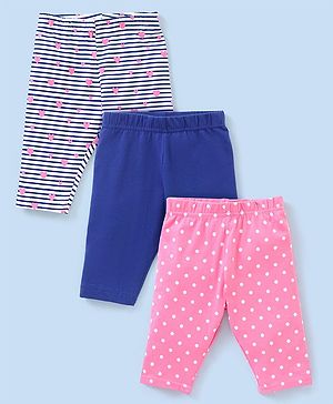 Babyhug Three Fourth Length Lycra Leggings Heart Print Pack of 3 - Pink & Blue
