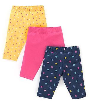 Babyhug Cotton Lycra Three Fourth Leggings Dot & Star Print Pack of 3 - Multicolor