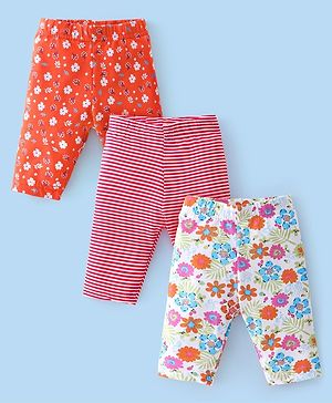 Babyhug Cotton Lycra Three Fourth Length Leggings Floral Print Pack Of 3- Red White & Pink