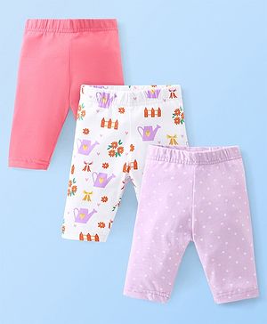 Babyhug Cotton Three Fourth Lycra Leggings Dot & Floral Print Pack Of 3- Pink White & Purple