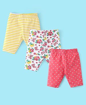 Babyhug Cotton Three Fourth Lycra Leggings Striped & Floral Print Pack Of 3- Yellow White & Pink